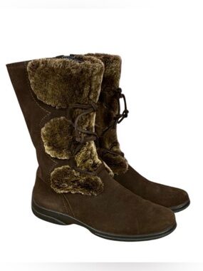 Ecco Brown Nubuck Suede Leather Fur-Trimmed Lace Detail Winter Boots Sz 9